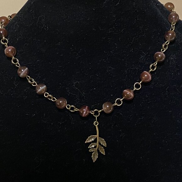 Cute Purple Cat's Eye Bronze Leaf Branch Pendant Adjustable Choker - Picture 3 of 14